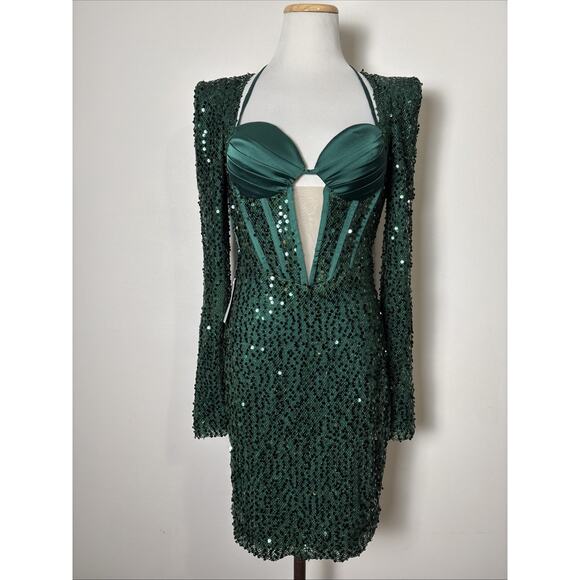 Miss Circle Sequin Body Con Dress Size M Green Cocktail Party Glam Vamp NWT - Picture 1 of 9